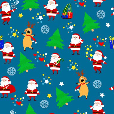 Noel Baba ve geyik farklı pozlarda, orman yangınları, kar taneleri, hediyeler, yeşil arka planda yıldızlar. Paketleme, Noel hediyeleri, ambalaj kağıtları, düz duvar kağıtları için desen. Tatilin eğlenceli ve neşeli havası.