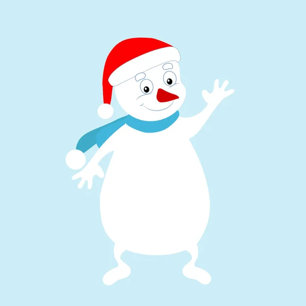 Χαρούμενος Χαρούμενος Χιονάνθρωπος Ένα Καπέλο Του Βασίλη Κουνάει Χέρι Του — Διανυσματικό Αρχείο