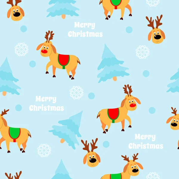 青い背景に漫画の鹿 トウヒ 雪の結晶 パッケージ テキスタイル Webデザインのためのシームレスなベクトルパターン メリークリスマステキスト — ストックベクタ