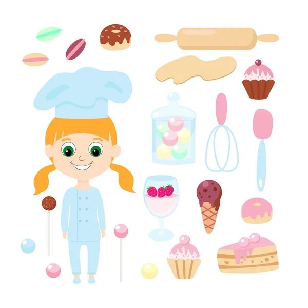 Set Chef Variety Sweets Pastry Chef Girl Rolling Pin Dough — Stock Vector
