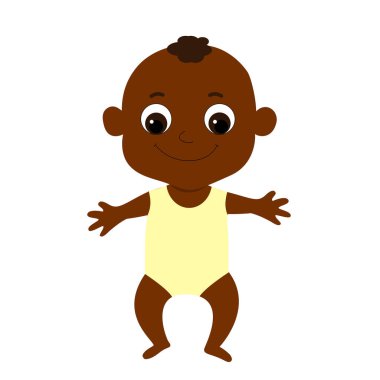 Yeni doğmuş Afrikalı Afrikalı Amerikalı bebek, sarı tulumlu, çizgi film tarzında. Beyaz arkaplanda izole edilmiş düz bir şekilde vektör illüstrasyonu.