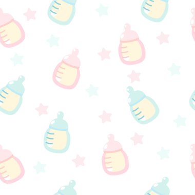Beyaz arka planda kusursuz pembe ve mavi beslenme şişeleri. Çocuk tekstil ürünleri, yeni doğanlar, hayatın ilk yılındaki çocuklar için hassas pastel desenler..