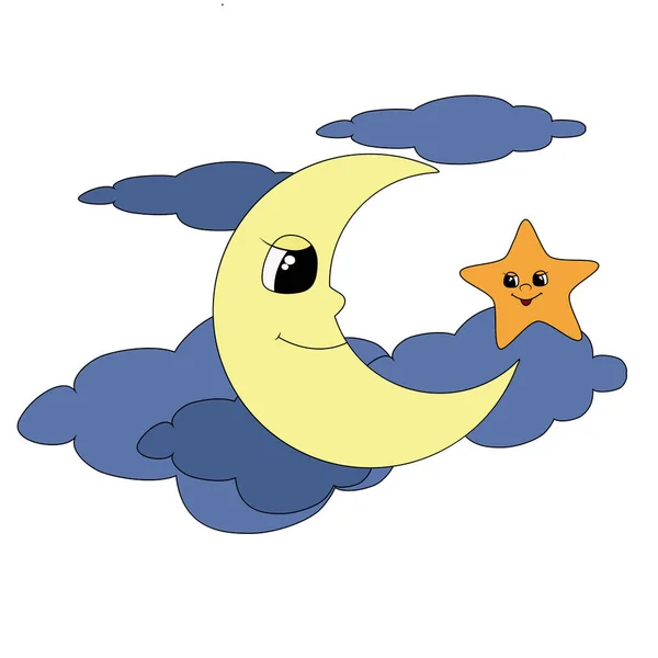 Καλοσυνάτο Φεγγάρι Στα Σύννεφα Χαμογελά Χαρούμενα Και Κοιτάζει Ένα Χαριτωμένο — Διανυσματικό Αρχείο