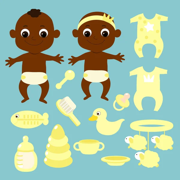 Establezca Bebé Pequeño Africanos Afroamericanos Artículos Para Bebés Recién Nacidos — Vector de stock