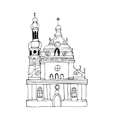 Lviv, Ukrayna 'daki Bernadine manastırı ve kilisesi. Dünya Mimarlık Anıtı beyaz bir arkaplanda izole edilmiş. Elle çizilmiş vektör stok vektörü çizimi.