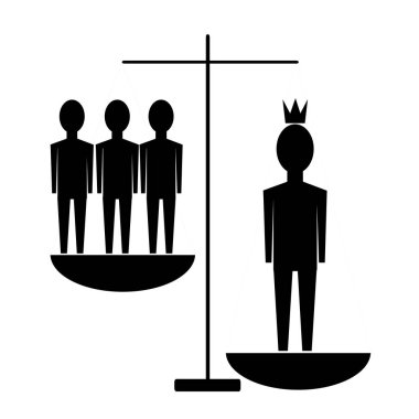 The concept in the form of a silhouette depicts the opinion of a person with narcissistic personality disorder about himself, his ego, self-esteem and vanity. On the scales are people on one side of the collective and on the other a man in a crown.  clipart