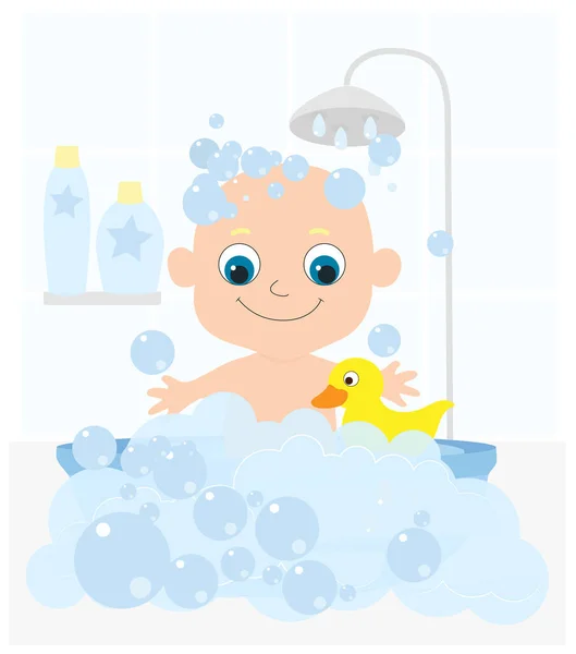 Small Child Newborn First Year Life Bathes Bathtub Full Soap — Stock Vector