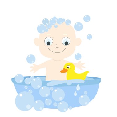 Küçük sevimli albino bebek sabun köpükleri ve sarı plastik ördekle küvette banyo yapıyor. Çocuk mutlu bir şekilde gülümsüyor. Beyaz arkaplanda izole edilmiş düz stil çizgi film karakteri.
