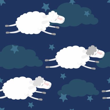 Gökyüzünde, bulutlar ve yıldızlar arasında mavi arka planda beyaz koyunlar. Düz çizgi film çocuksu tarzında kusursuz desen..