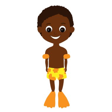 Mutlu gülümseyen Afro-Amerikalı ya da parlak sarı şortlu, paletli ve lastik kollu Afrikalı çocuk. Çocuk tarzında bir karakter yaz tatili ve eğlence gösterir..