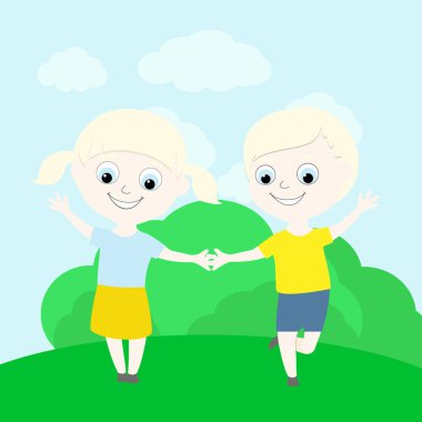 Sevimli küçük mutlu albino çocuklar mavi gökyüzünün altındaki yeşil çimlerin üzerinde durup el ele tutuşuyorlar. Çocukların çizgi film tarzı görüntüsü.