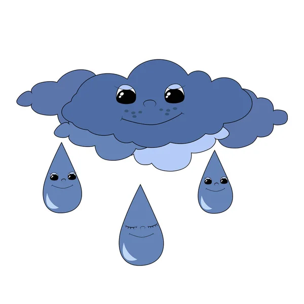 Cute Cloud Raindrops Smile Happily Cartoon Positive Phenomena Nature Vector — Stock Vector