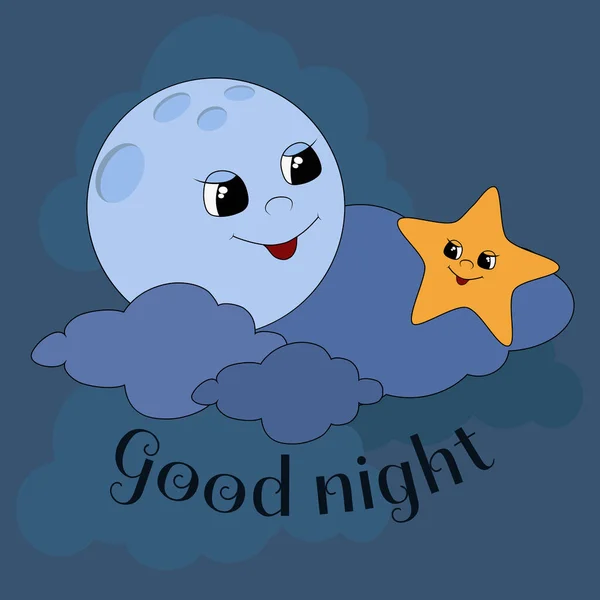 Ένα Χαριτωμένο Φεγγάρι Και Ένας Αστερίσκος Στα Σύννεφα Χαμογελούν Ευτυχισμένοι — Διανυσματικό Αρχείο