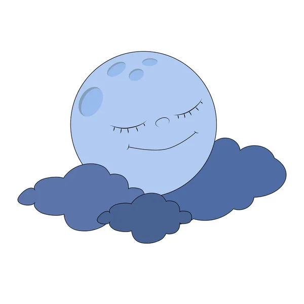 かわいい月が雲の中で寝ていて 嬉しそうに笑っています 漫画の肯定的な天体 白を基調としたイラスト 子供のデザイン プリント パジャマ 寝具のための画像 — ストックベクタ