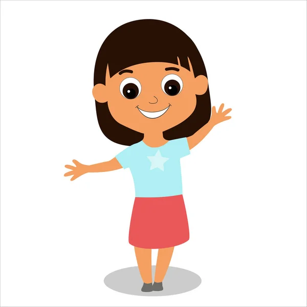 Little Adorable Girl Smiles Waves Her Hand Child Has Brown — Stock Vector