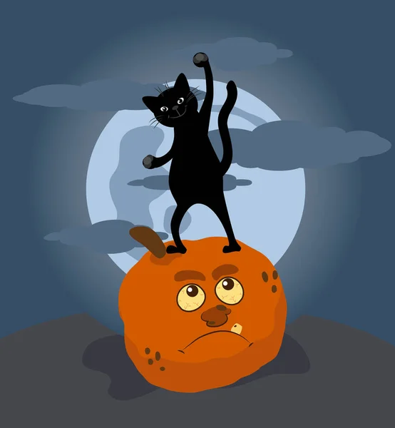 歓喜の猫が月の下で悪のカボチャの上に立っている ハロウィンをテーマにしたベクターイラスト — ストックベクタ