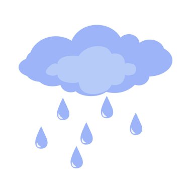 Beyaz arka planda sağanak bulutlar ve yağmur damlaları. Doğal fenomenin vektör illüstrasyonu. Simgeler, çocuk tasarımı ve baskılar için çizim.