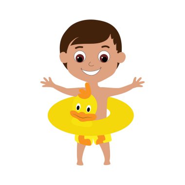 Neşeli, bronzlaşmış bir çocuk kollarını ardına kadar açtı. Çocuk şort ve ördek yavrusu şeklinde şişirilebilir sarı bir kauçuk yüzük giyiyor. Çizgi film düz yaz tatili Denizde ya da suda.