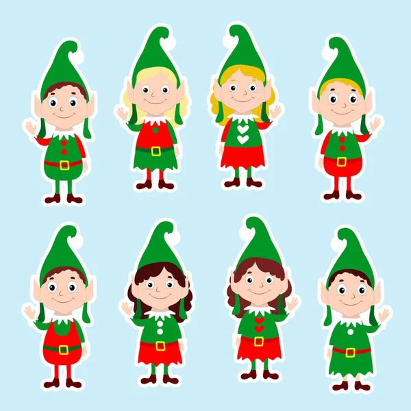 Set Stickers Christmas Happy Elves Santa Claus Helpers Wave Hands — Stock Vector