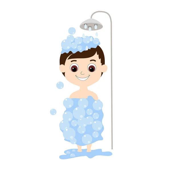 European Boy Bathing Shower Cute Cartoon Style Illustration Lots Soapy — Stock Vector