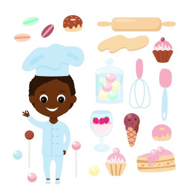 Aşçıbaşı ve çeşitli tatlılar. Hamur işi şefi Afrikalı ya da Afrikalı Amerikalı çocuk ve hamur, kremalı tatlı için merdane, kek ve kek, çörek, badem şekeri, lolipop, dondurma, çırpma, çizgi film çocuk tarzında pasta.. 