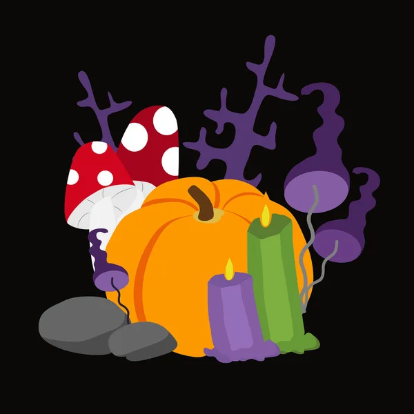 Colagem Halloween Vetorial Abóbora Cogumelos Toadstool Amanita Velas Ramos Rituais —  Vetores de Stock