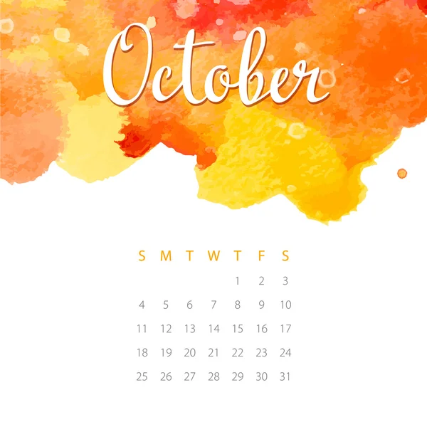 Bellissimo calendario ad acquerello. Ottobre. — Vettoriale Stock