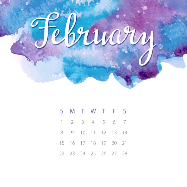 Beautiful watercolor calendar. February — Stock Vector