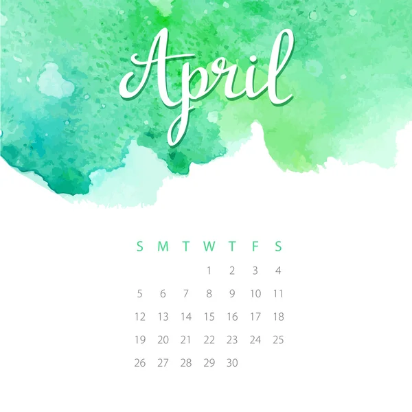 漂亮的水彩日历。4 月 — 图库矢量图片