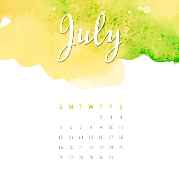 Nádherný akvarel kalendář. Červenec — Stockový vektor