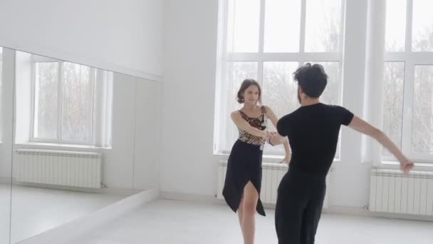 Jovem Lindo Casal Estudando Dança Salão Casal Dançarinos Salão Profissional — Vídeo de Stock