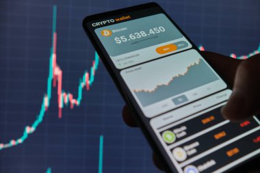 Mobil uygulama şifreleme cüzdanlı akıllı telefon. Bir adam bitcoin 'in fiyat tablosunu mobil bir uygulamada analiz eder. Kripto para ticareti kavramı 