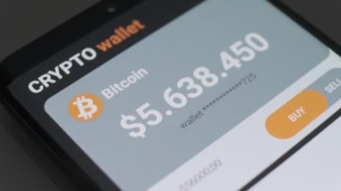  The man checks the balance of the bitcoin wallet and buys bitcoins in the mobile application. Smartphone with mobile application wallet cryptocurrency. The concept of cryptocurrency trading