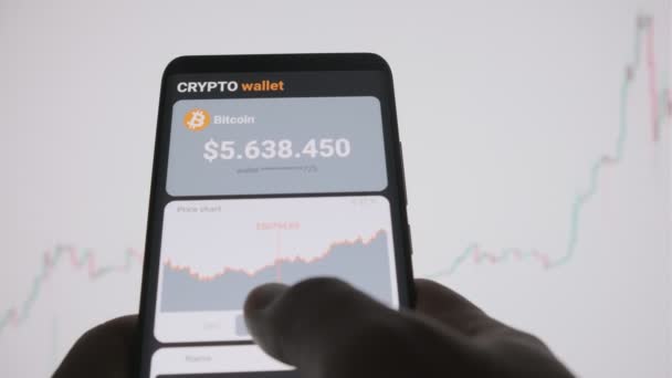 Smartphone Mobile Application Cryptocurrency Wallet Man Analyzes Price Chart Bitcoin — Stok Video