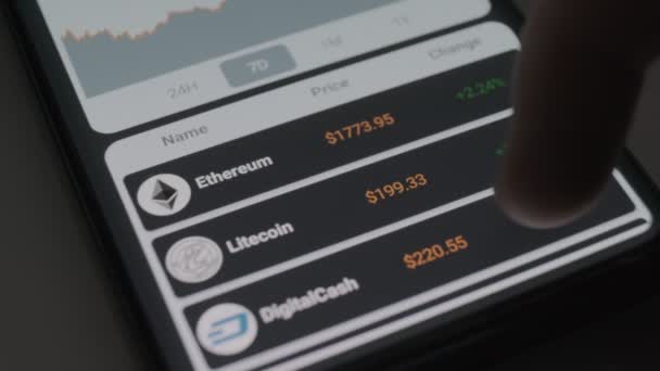 Mannen Analyserar Priserna För Viktigaste Typerna Cryptocurrencies Den Mobila Applikationen — Stockvideo