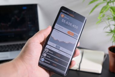 Adam cep telefonu uygulamasındaki bitcoin fiyatlarındaki değişikliklerin programını analiz ediyor. Mobil uygulama şifreleme cüzdanlı akıllı telefon. Kripto para ticareti kavramı