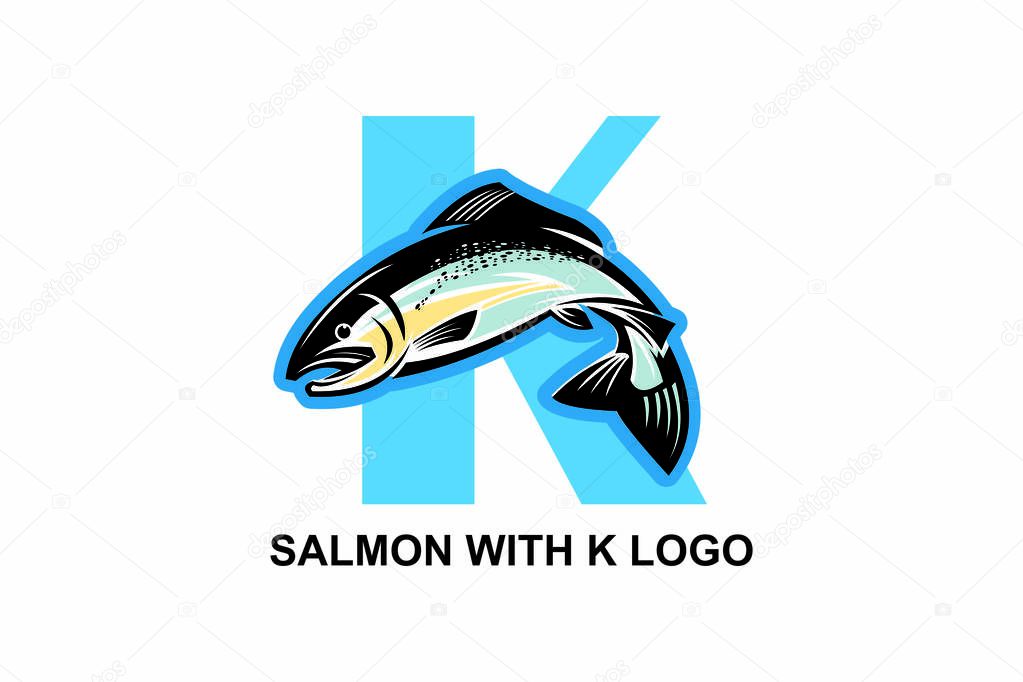 Letter k and salmon fish logo, nice mascot for your company, vector illustrations
