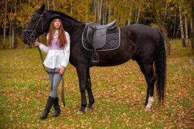 Sonbahar ormanında siyah şapkalı, kestane rengi atlı kızıl saçlı kız..