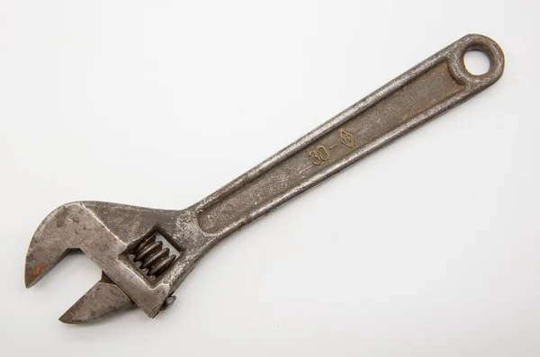 Old Scratched Rusty Adjustable Wrench White Background — Stock Photo, Image