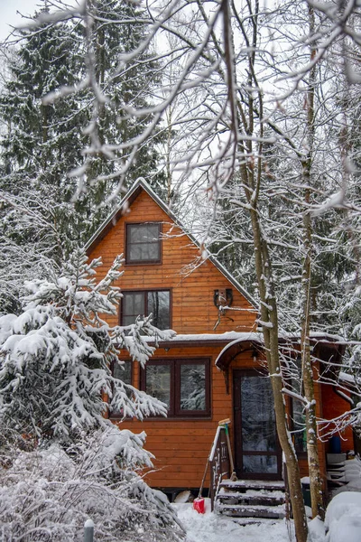 Casa de madeira com grandes janelas em uma floresta coberta de neve . — Fotografia de Stock