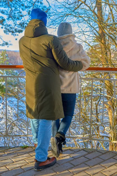 一对恋人 一男一女 在阳光灿烂的冬日里 背对着摄像机站在冬日的景色下 — 图库照片
