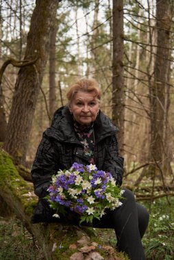 65 yaşında, elinde bir buket parlak bahar çiçeğiyle yaşlı bir kadın ormandaki devrilmiş bir ağaçta oturuyor..