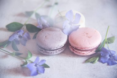 Masanın üzerinde çiçeklerle süslenmiş bir sürü badem kurabiyesi var. Yemek arkaplanı, metin ve tasarım için kopyalama alanı. Fotoğraf şeffaf bir kumaştan yapılmış, hafif bir sis içinde..