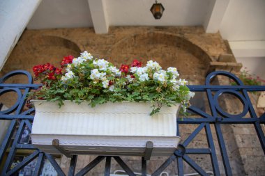 Çok renkli begonyalarla süslenmiş bir balkon..