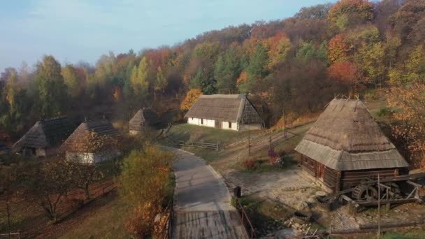 Ukraine. Herbst im Dorf. Drohnenaufnahmen aus der Luft: Flug über Herbstdorf mit Wäldern, Feldern. — Stockvideo