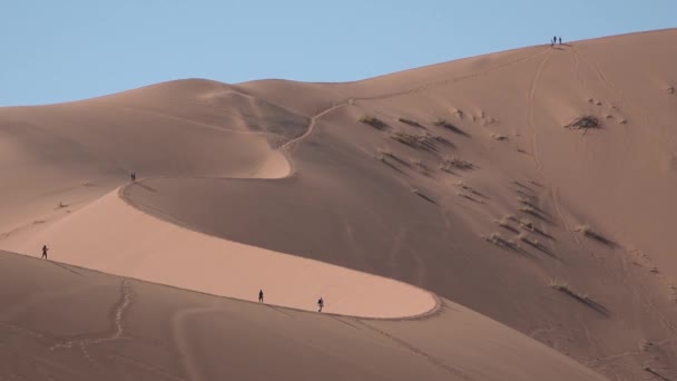 Namíbia. Világhírű Halott Vlei száraz agyag serpenyő vörös sivatagi homokdűnékkel Sossusvlei-ban. — Stock videók