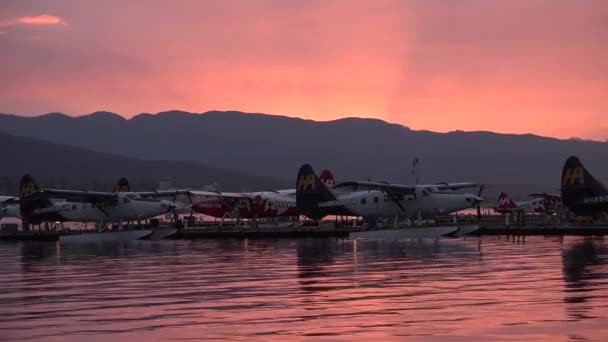 Kanada mı? Vancouver. Deniz havalimanı. Denizde deniz uçakları. — Stok video