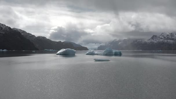 Patagonien. Isberg i Glacialsjön. Vatten med glaciär och Andes Peaks i bakgrunden. Chile, Patagonien, Torres del Paine nationalpark. — Stockvideo