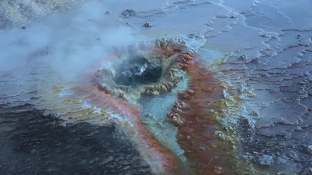 Iceland. Geothermal region area valley with smoking fumaroles and hot streaming water from geysers. — Stock Video