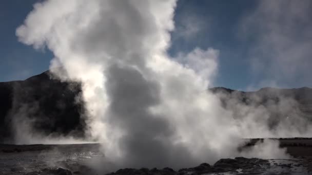 Izland. Geotermikus régió völgye füstölgő fumarolokkal és gejzírből folyó forró vízzel. — Stock videók